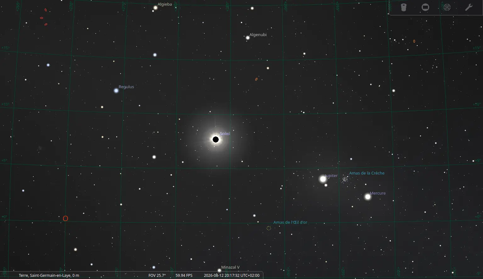 Capture d’écran de Stellarium à l’heure du maximum de l’éclipse