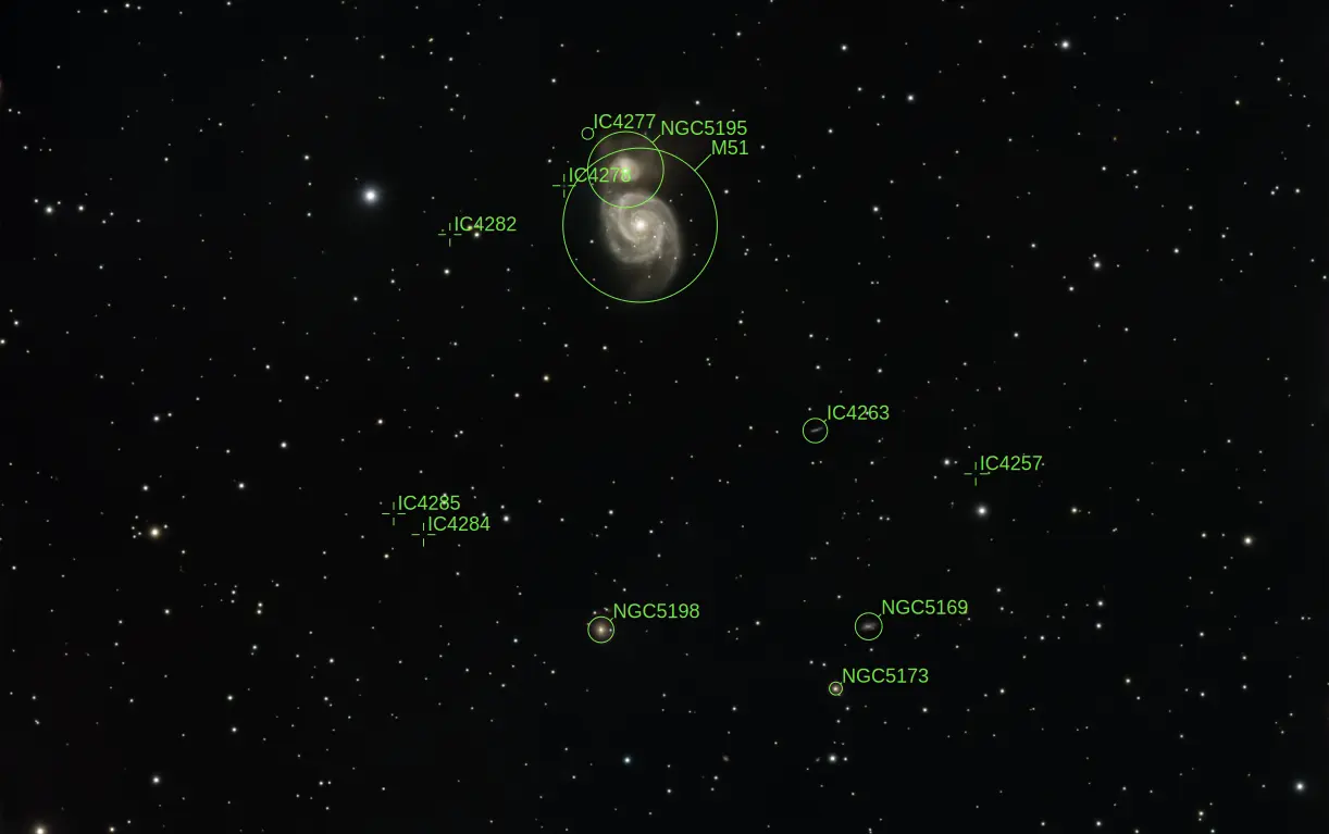 Photo annotée du champ autour de M51 avec les galaxies d’arrière-plan identifiées